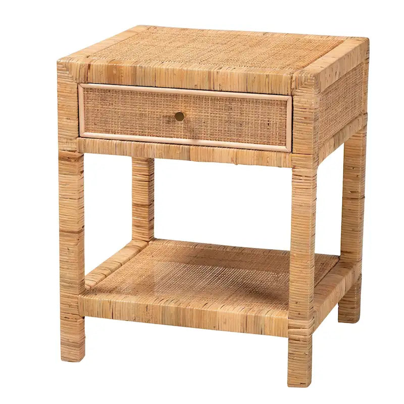 Table de chevet 1 tiroir en rotin naturel et bois, 1 personne