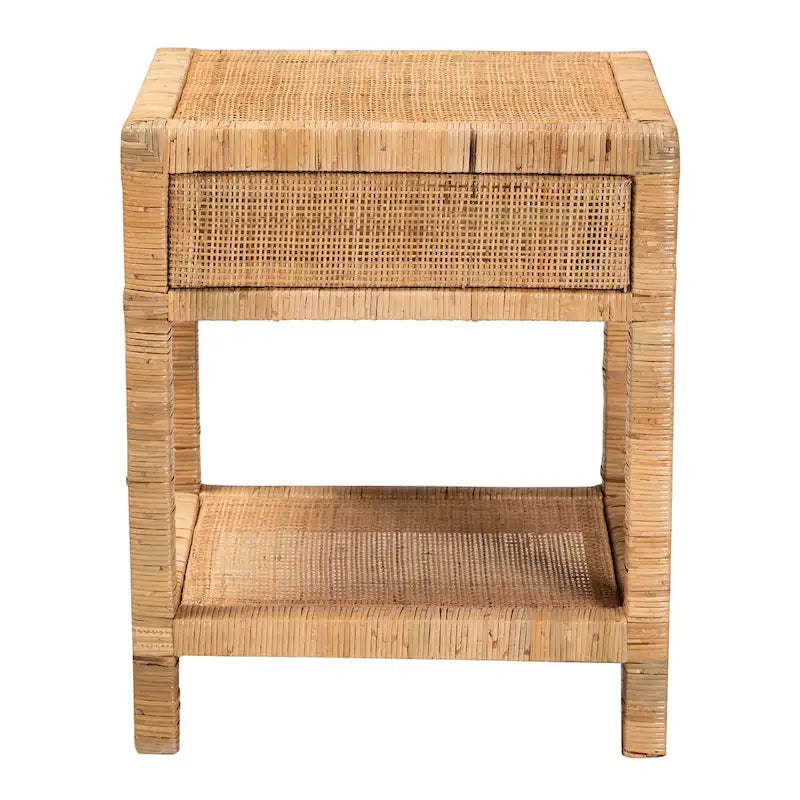 Table de chevet 1 tiroir en rotin naturel et bois, 1 personne