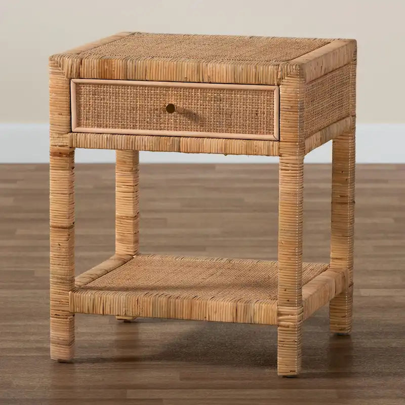 Table de chevet 1 tiroir en rotin naturel et bois, 1 personne