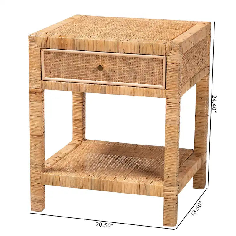 Table de chevet 1 tiroir en rotin naturel et bois, 1 personne