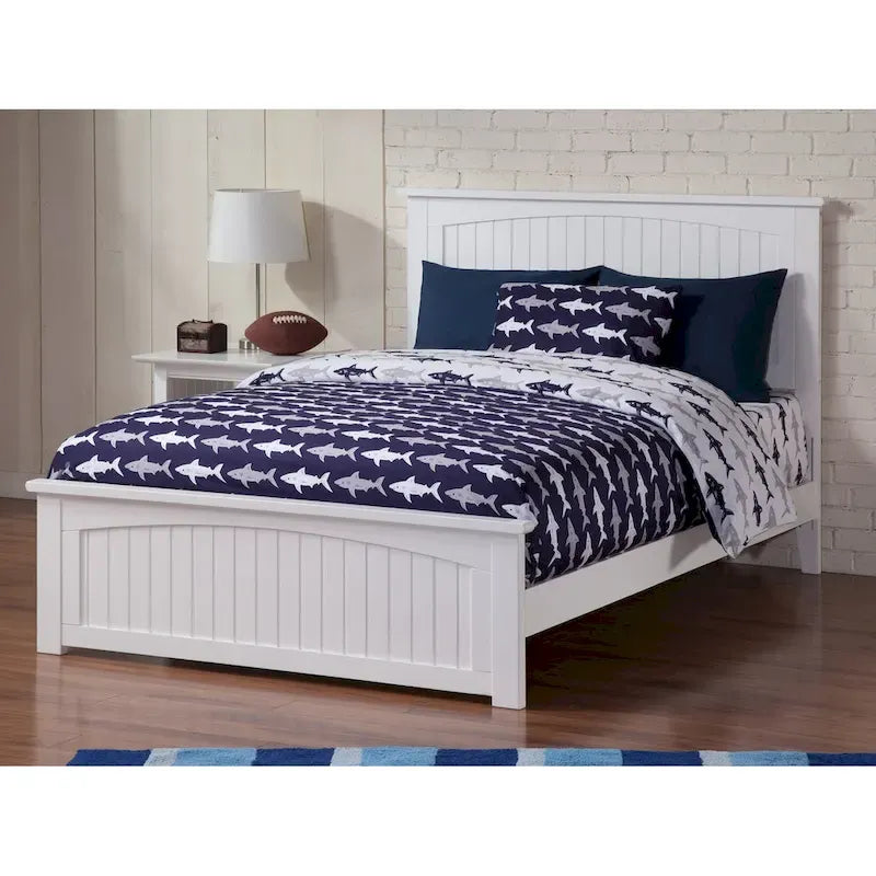Lit plate-forme double blanc avec pied de lit assorti | Bois massif | 1 personne