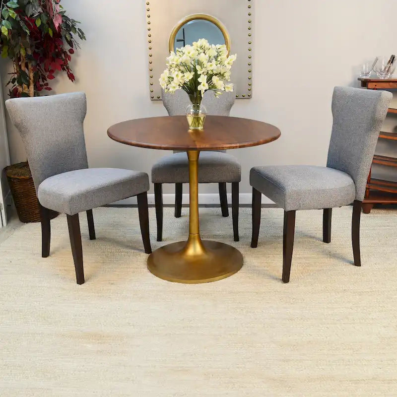 Table de salle à manger ronde pour 4 personnes, Orme noir/or antique – Dessus en bois de manguier