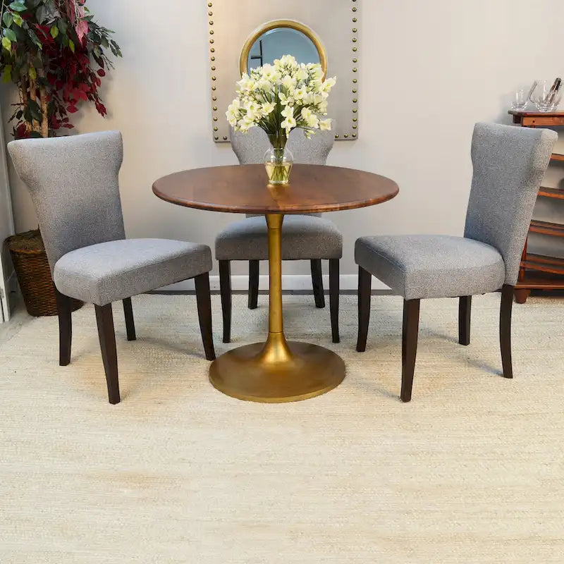 Table de salle à manger ronde pour 4 personnes, Orme noir/or antique – Dessus en bois de manguier