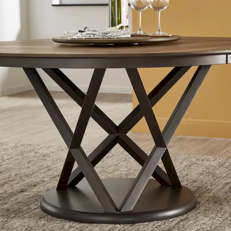 Table à manger ronde en noyer expresso avec plateau tournant – Jusqu'à 6 personnes