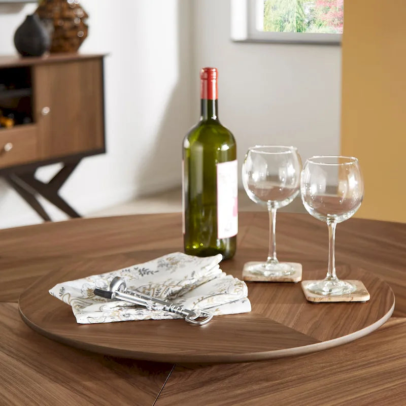 Table à manger ronde en noyer expresso avec plateau tournant – Jusqu'à 6 personnes