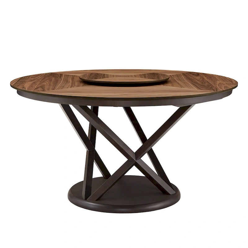 Table à manger ronde en noyer expresso avec plateau tournant – Jusqu'à 6 personnes