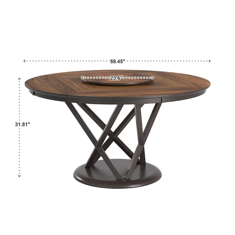 Table à manger ronde en noyer expresso avec plateau tournant – Jusqu'à 6 personnes