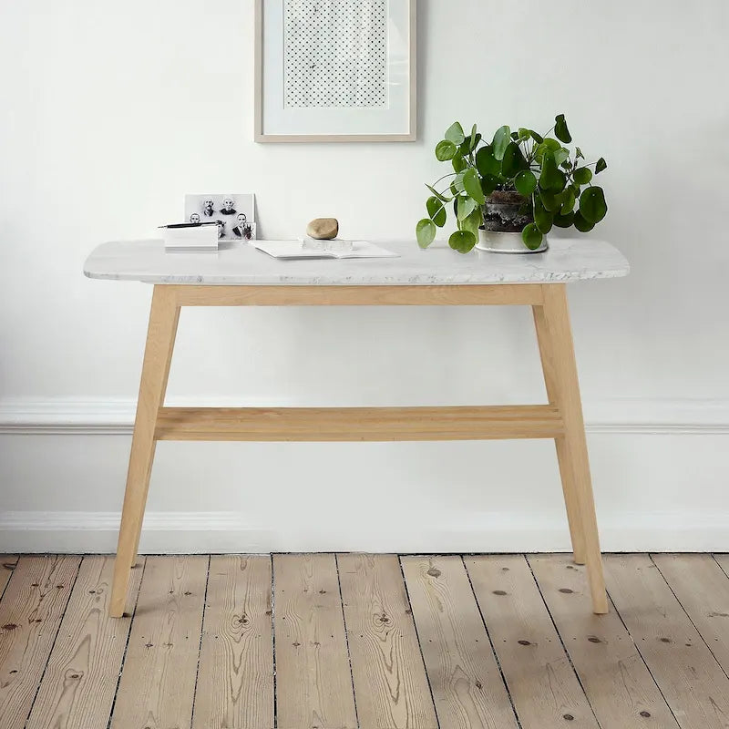 Console en marbre blanc et gris, pieds en chêne/noyer, style Mid-Century