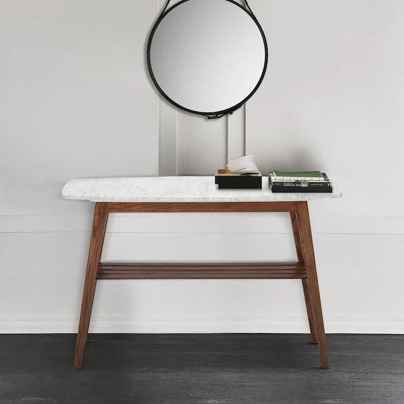 Console en marbre blanc et gris, pieds en chêne/noyer, style Mid-Century