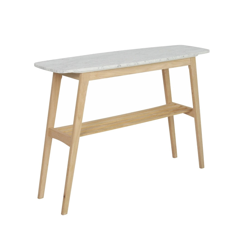 Console en marbre blanc et gris, pieds en chêne/noyer, style Mid-Century