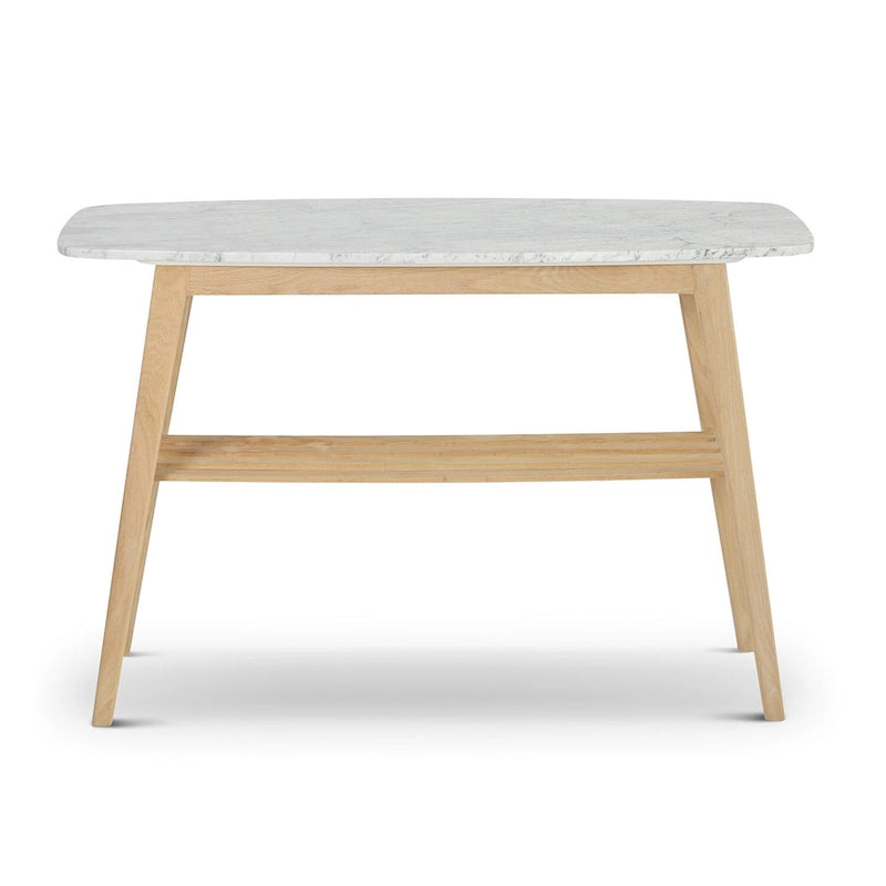 Console en marbre blanc et gris, pieds en chêne/noyer, style Mid-Century