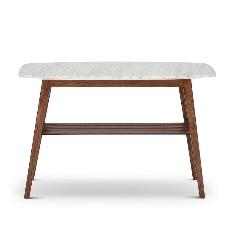 Console en marbre blanc et gris, pieds en chêne/noyer, style Mid-Century