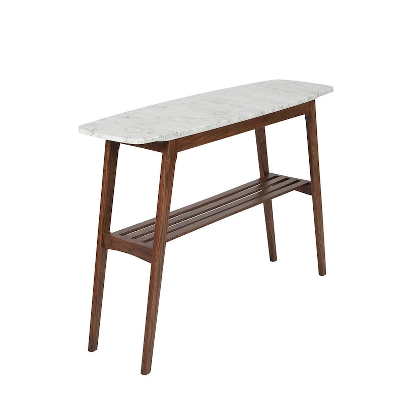 Console en marbre blanc et gris, pieds en chêne/noyer, style Mid-Century