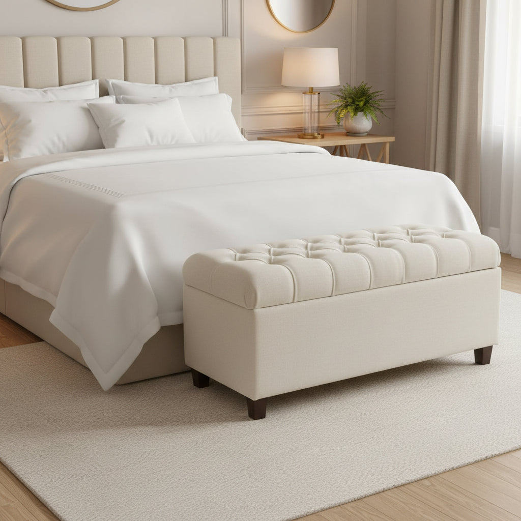Fabric Upholstered Button Tufted Wooden Bench With Hinged Storage, White and Brown