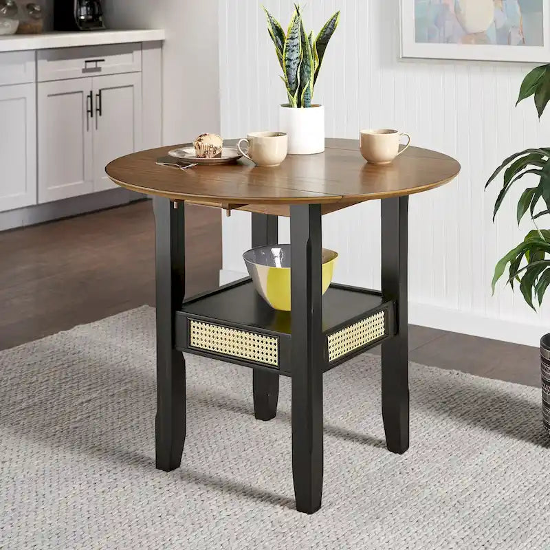 Table d'appoint/de salle à manger ronde en cannage, finition chêne antique, avec 2 abattants, 2 places