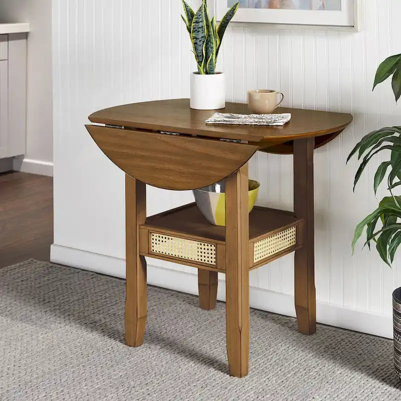 Table d'appoint/de salle à manger ronde en cannage, finition chêne antique, avec 2 abattants, 2 places