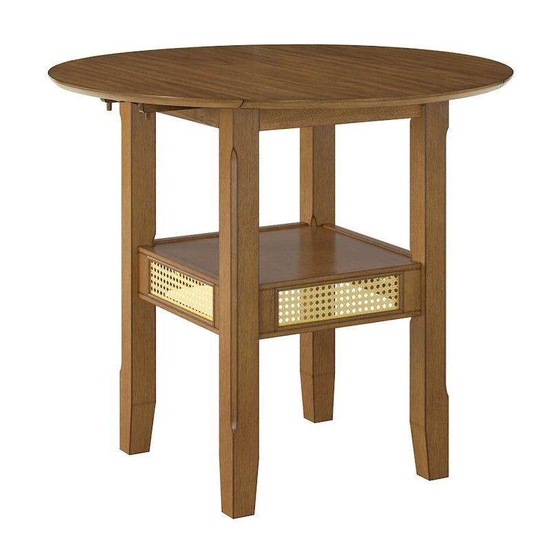 Table d'appoint/de salle à manger ronde en cannage, finition chêne antique, avec 2 abattants, 2 places