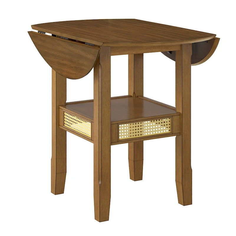 Table d'appoint/de salle à manger ronde en cannage, finition chêne antique, avec 2 abattants, 2 places