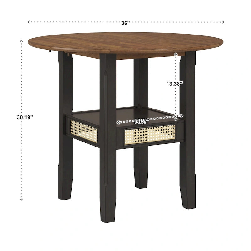 Table d'appoint/de salle à manger ronde en cannage, finition chêne antique, avec 2 abattants, 2 places