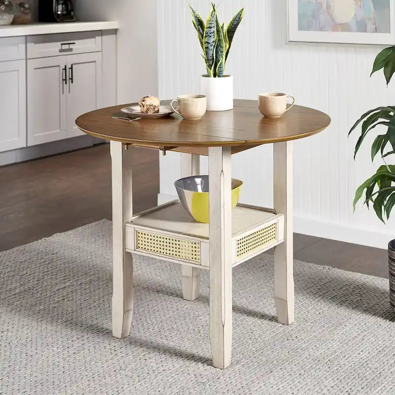 Table d'appoint/de salle à manger ronde en cannage, finition chêne antique, avec 2 abattants, 2 places