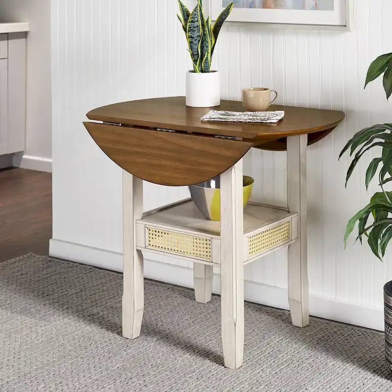 Table d'appoint/de salle à manger ronde en cannage, finition chêne antique, avec 2 abattants, 2 places