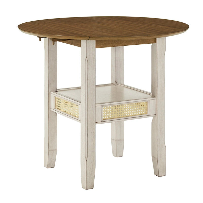 Table d'appoint/de salle à manger ronde en cannage, finition chêne antique, avec 2 abattants, 2 places