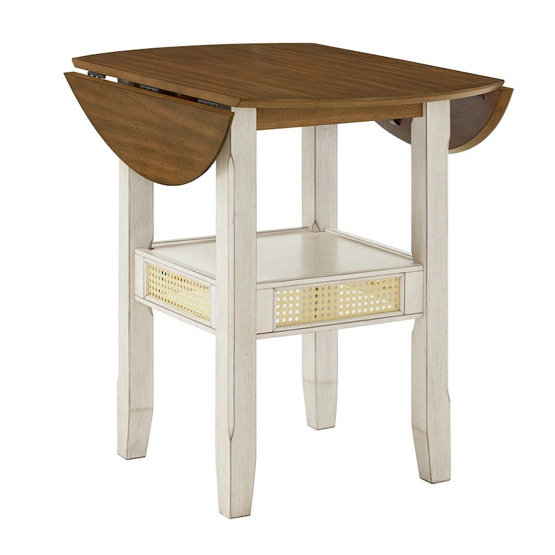 Table d'appoint/de salle à manger ronde en cannage, finition chêne antique, avec 2 abattants, 2 places