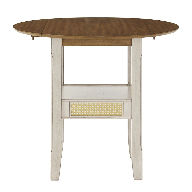 Table d'appoint/de salle à manger ronde en cannage, finition chêne antique, avec 2 abattants, 2 places