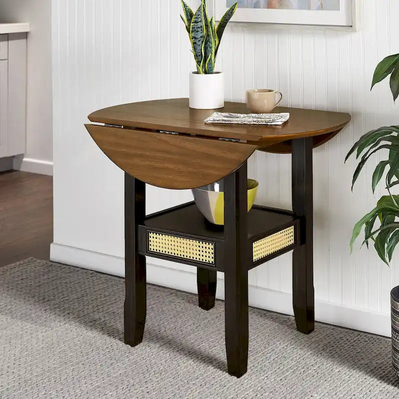 Table d'appoint/de salle à manger ronde en cannage, finition chêne antique, avec 2 abattants, 2 places
