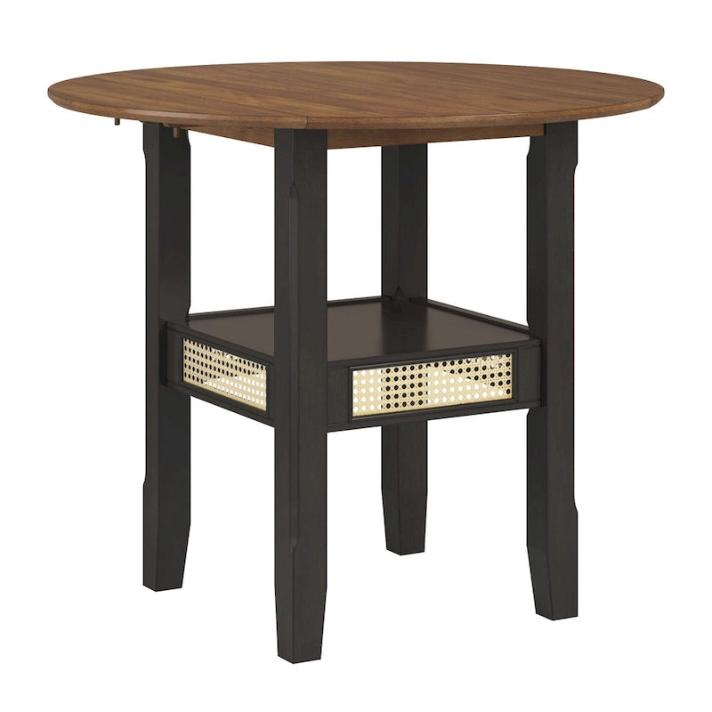 Table d'appoint/de salle à manger ronde en cannage, finition chêne antique, avec 2 abattants, 2 places