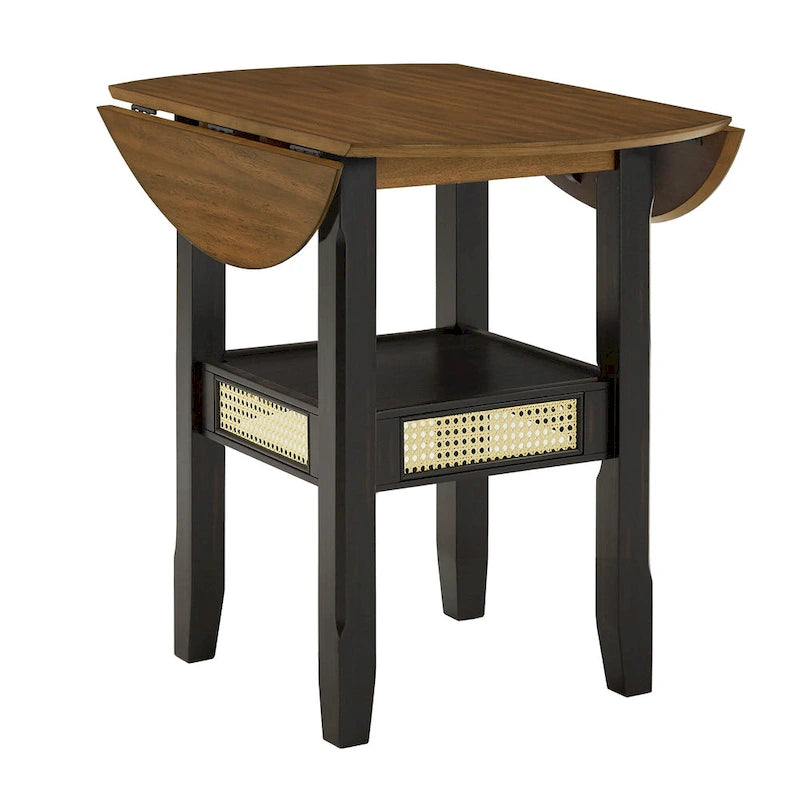 Table d'appoint/de salle à manger ronde en cannage, finition chêne antique, avec 2 abattants, 2 places