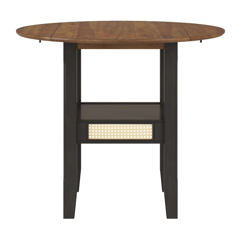 Table d'appoint/de salle à manger ronde en cannage, finition chêne antique, avec 2 abattants, 2 places
