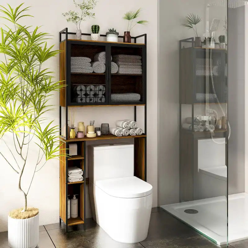 Armoire de rangement WC Noyer, Simple, avec porte en maille