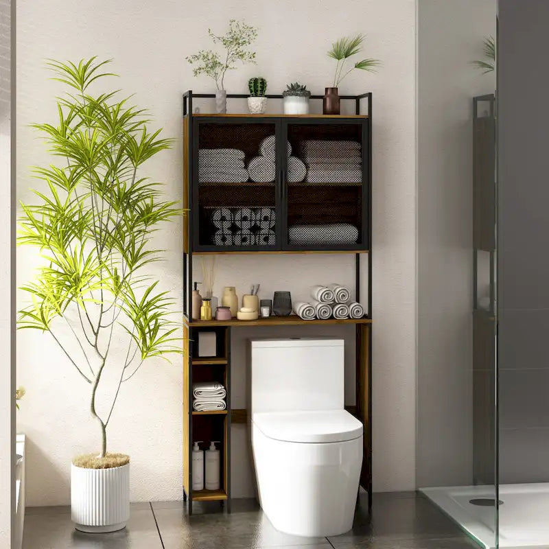 Armoire de rangement WC Noyer, Simple, avec porte en maille
