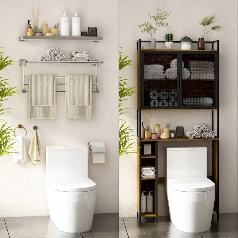 Armoire de rangement WC Noyer, Simple, avec porte en maille