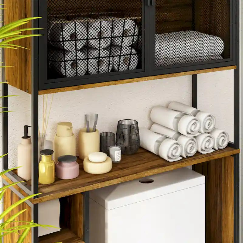 Armoire de rangement WC Noyer, Simple, avec porte en maille