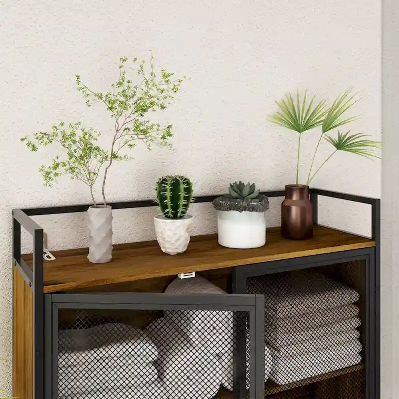 Armoire de rangement WC Noyer, Simple, avec porte en maille
