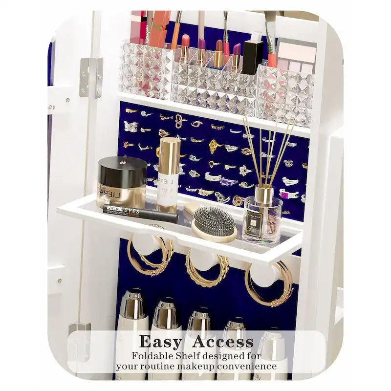 Armoire à bijoux miroir sur pied blanche avec étagère de rangement, 1 personne