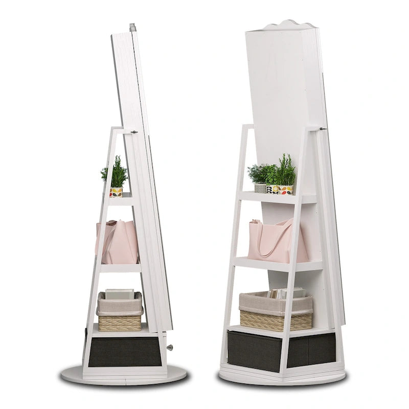 Armoire à bijoux miroir sur pied blanche avec étagère de rangement, 1 personne