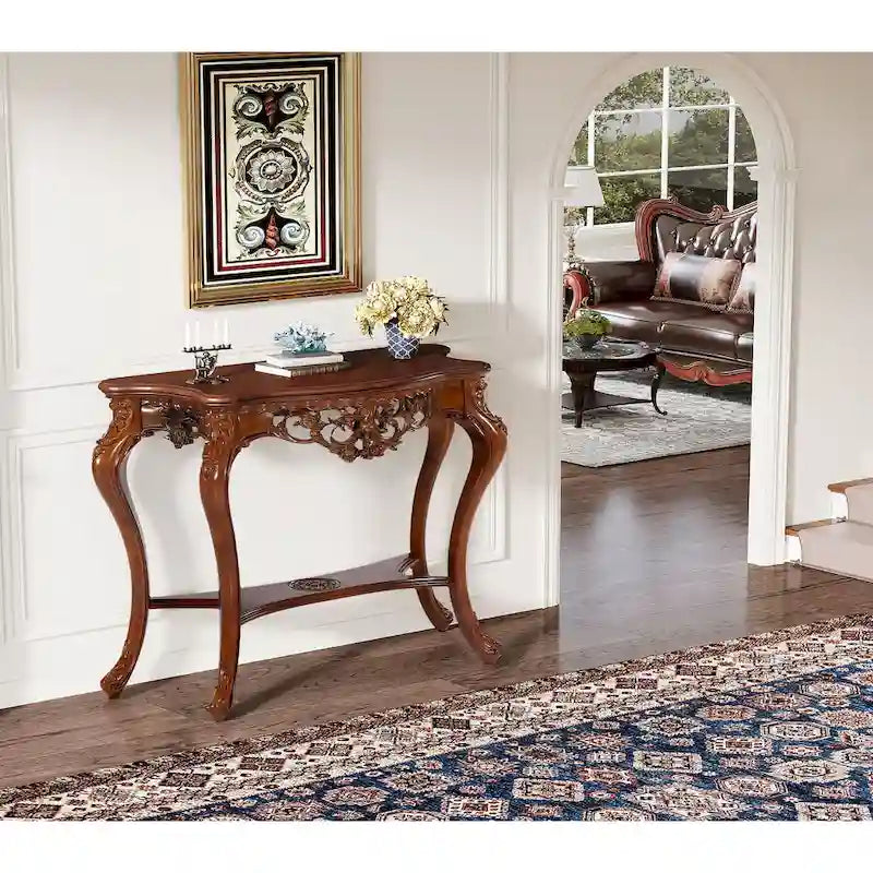 Console deux étages en cerisier, pieds sculptés, usage par 1 personne