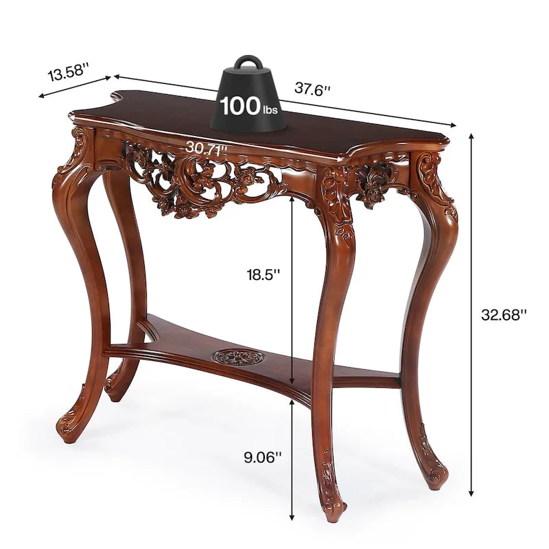 Console deux étages en cerisier, pieds sculptés, usage par 1 personne