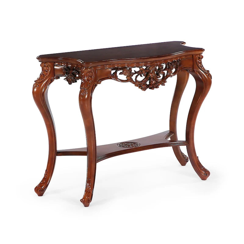 Console deux étages en cerisier, pieds sculptés, usage par 1 personne