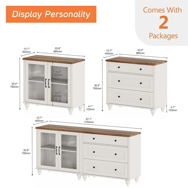 Buffet et commode 2-en-1 blanc cassé, 68 pouces