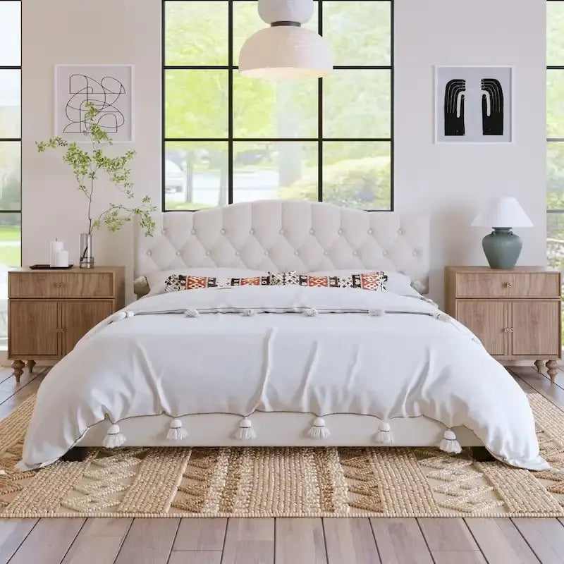 Upholstered Platform Bed with Saddle Curved Headboard and Diamond Tufted Details, Beige