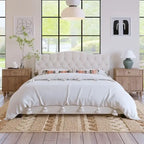 Upholstered Platform Bed with Saddle Curved Headboard and Diamond Tufted Details, Beige