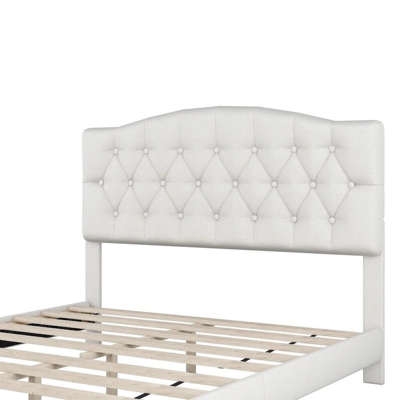 Lit plateforme rembourré beige, tête de lit incurvée en selle, capitonné diamant, Grand lit/Très grand lit