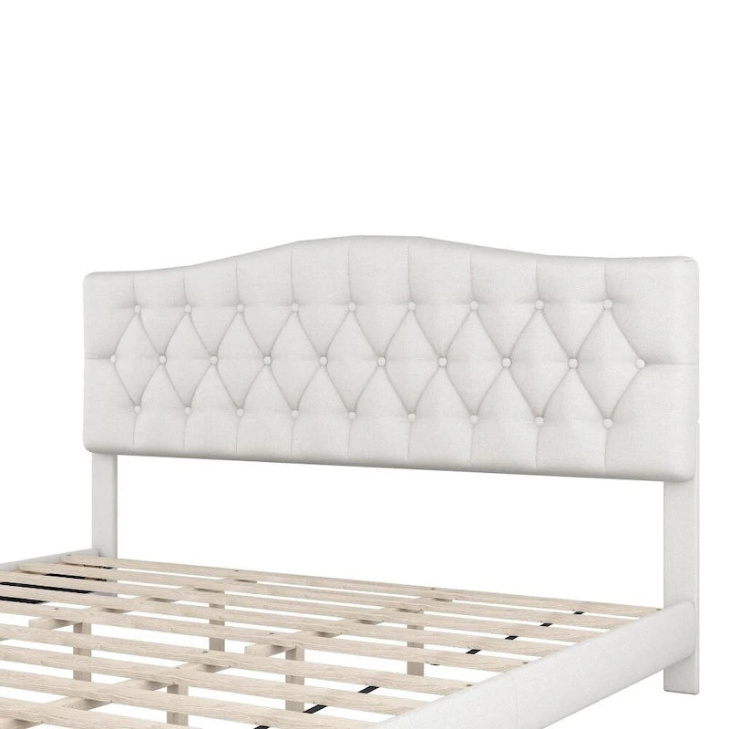 Lit plateforme rembourré beige, tête de lit incurvée en selle, capitonné diamant, Grand lit/Très grand lit
