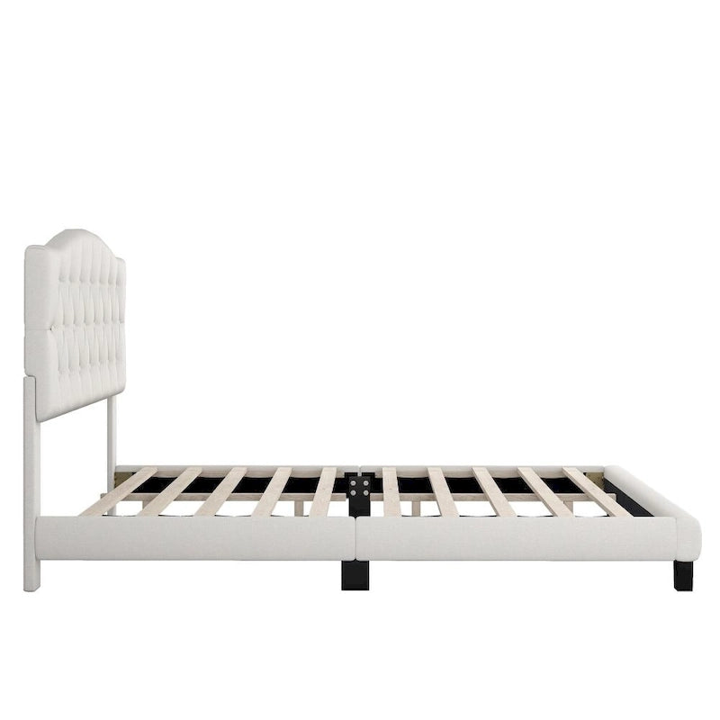 Lit plateforme rembourré beige, tête de lit incurvée en selle, capitonné diamant, Grand lit/Très grand lit