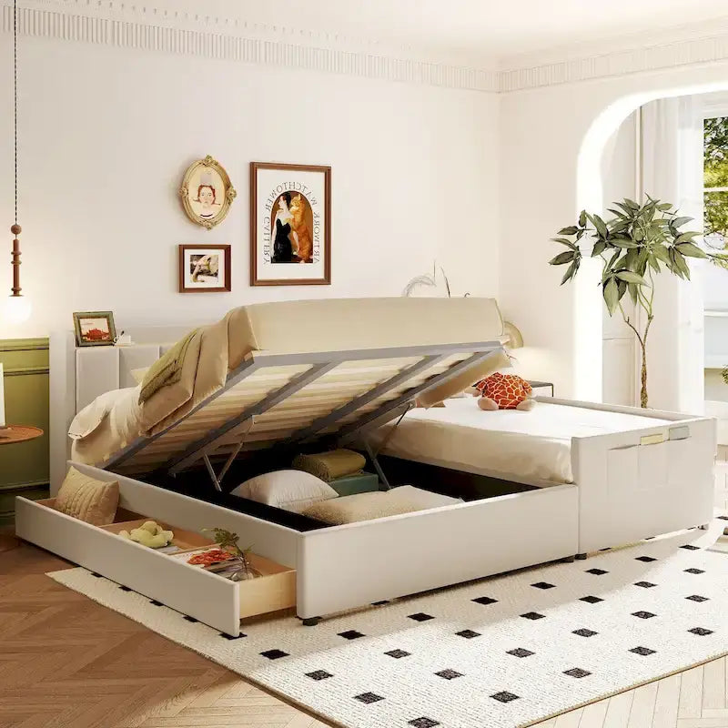 Lit plateforme capitonné Queen + Twin XL beige/gris pour 2