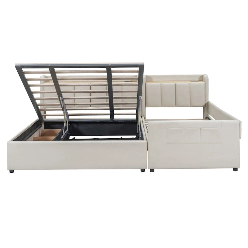 Lit plateforme capitonné Queen + Twin XL beige/gris pour 2